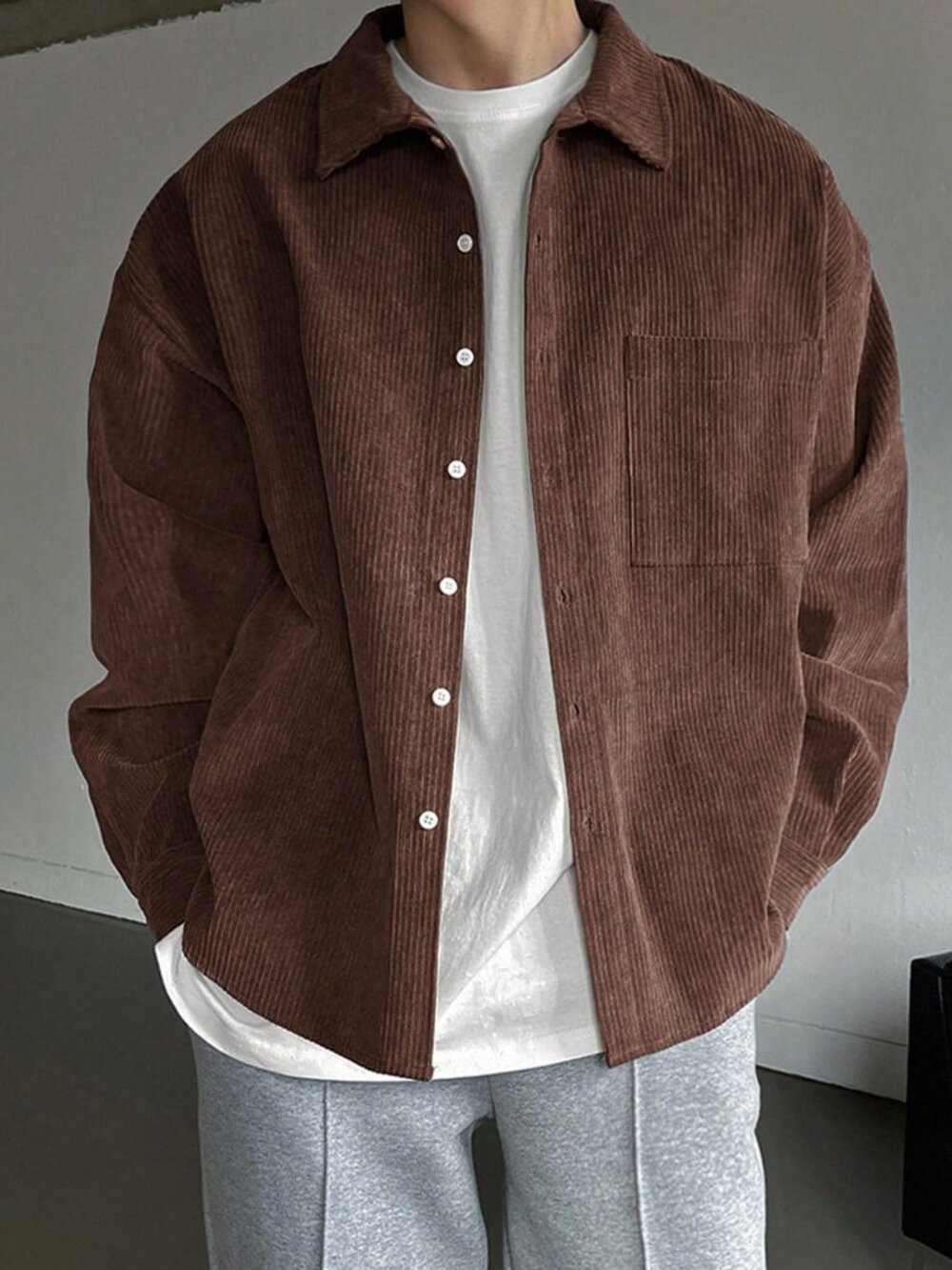 Coffee Brown Casual Men's Loose Drop Shoulder Single Button Pocket Shirt